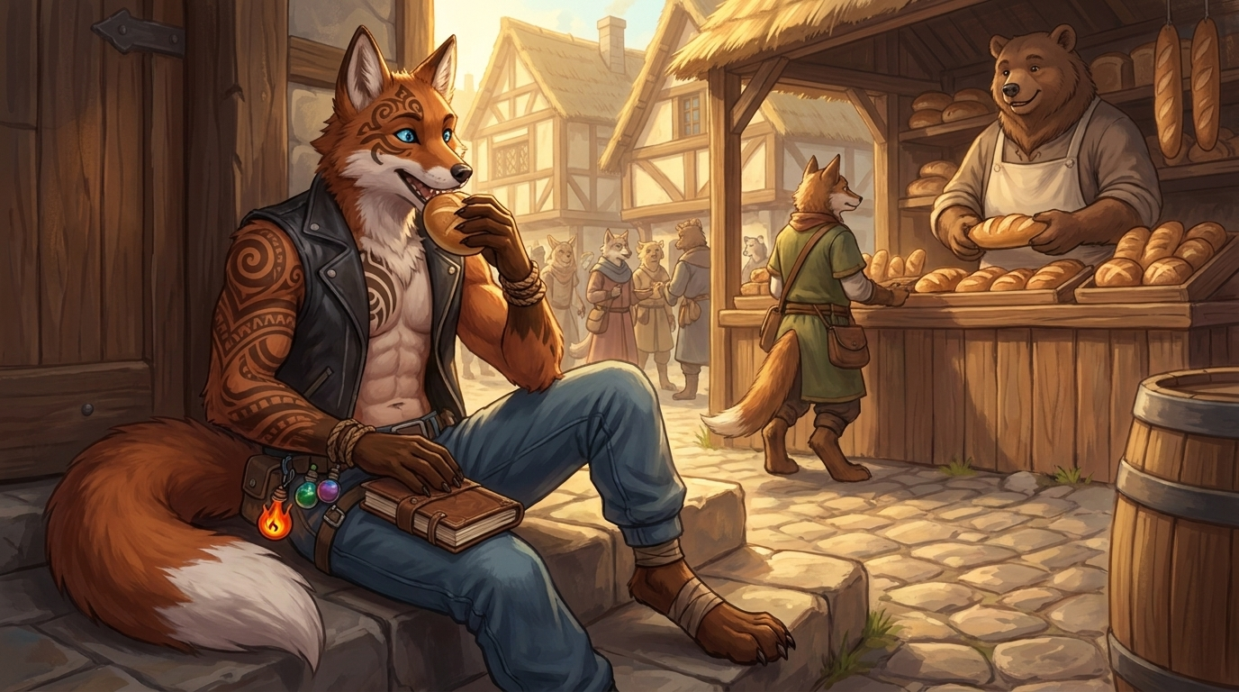 Semi-realistic fantasy furry illustration, warm golden morni ...